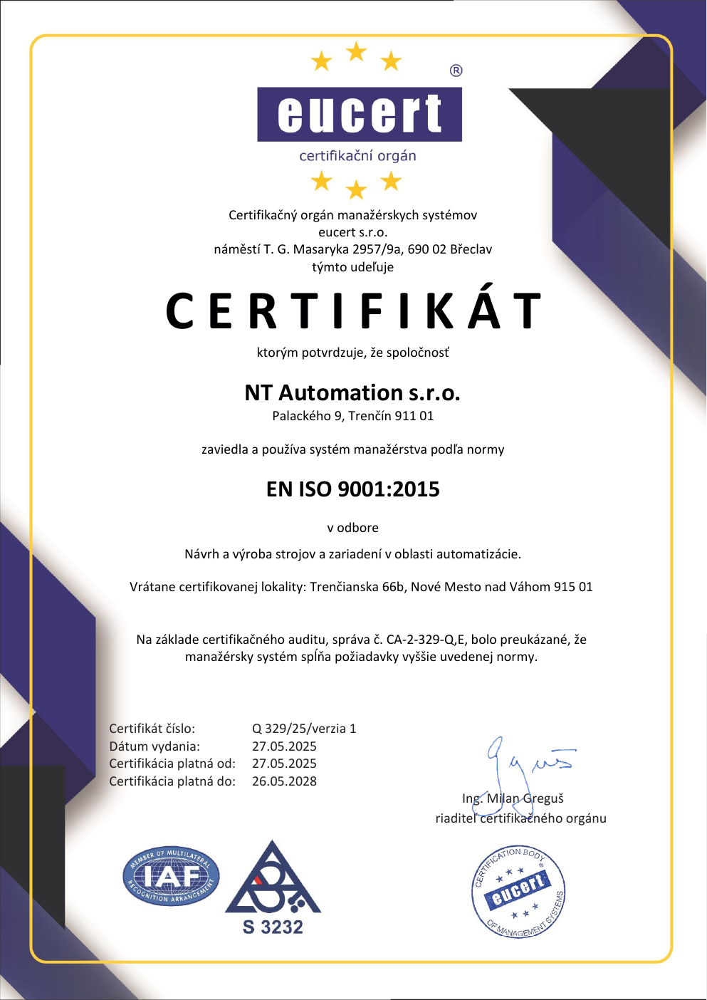 EN ISO 9001:2015 and EN ISO 14001:2015 Certificate – Slovak version